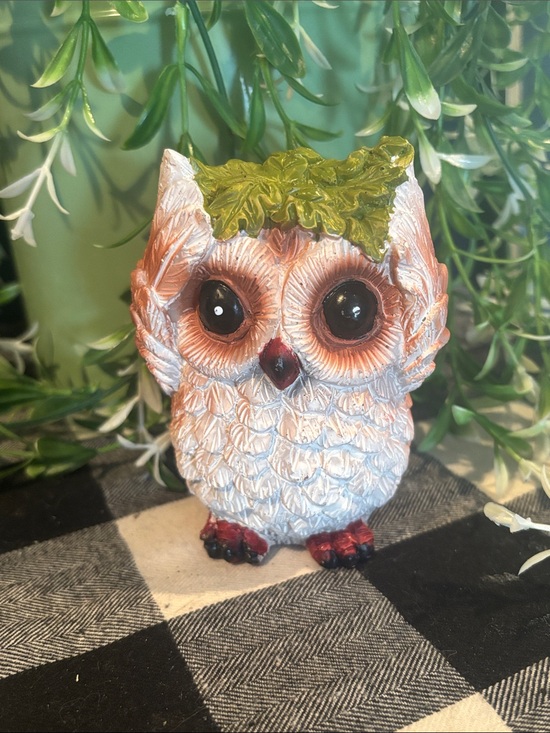 Other - Decorative White Owl Figurine with Green Leaf Accent